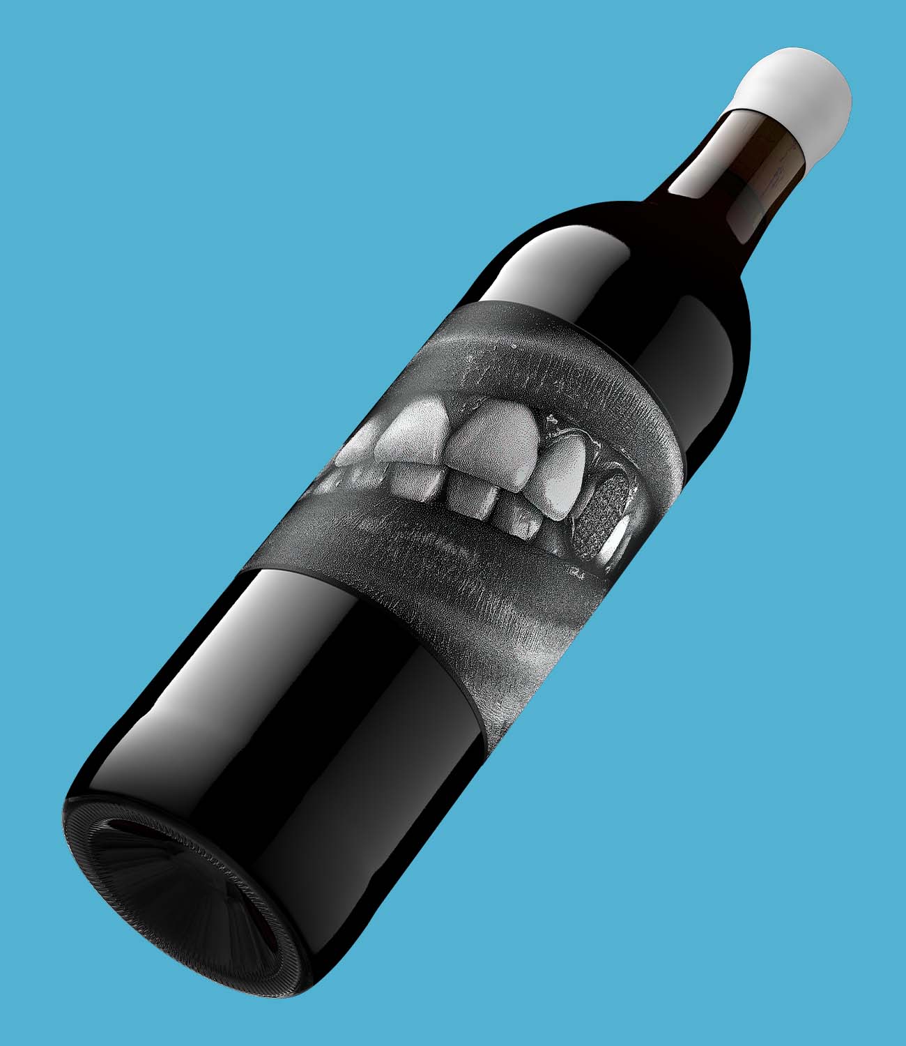 beauty shot of a red wine bottle floating in space on a blue background