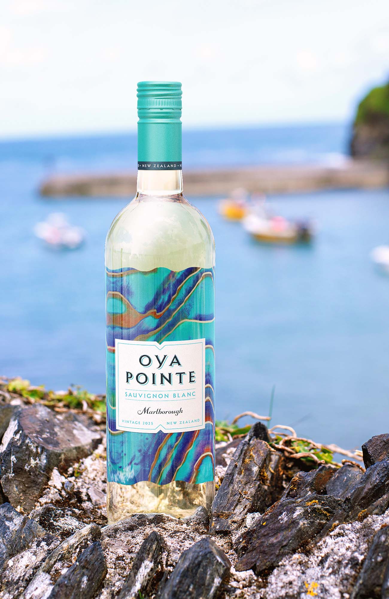 New-Zealand Sauvignon Blanc bottle rendered by Outshinery, placed against a coastal backdrop to highlight brand storytelling and product identity.