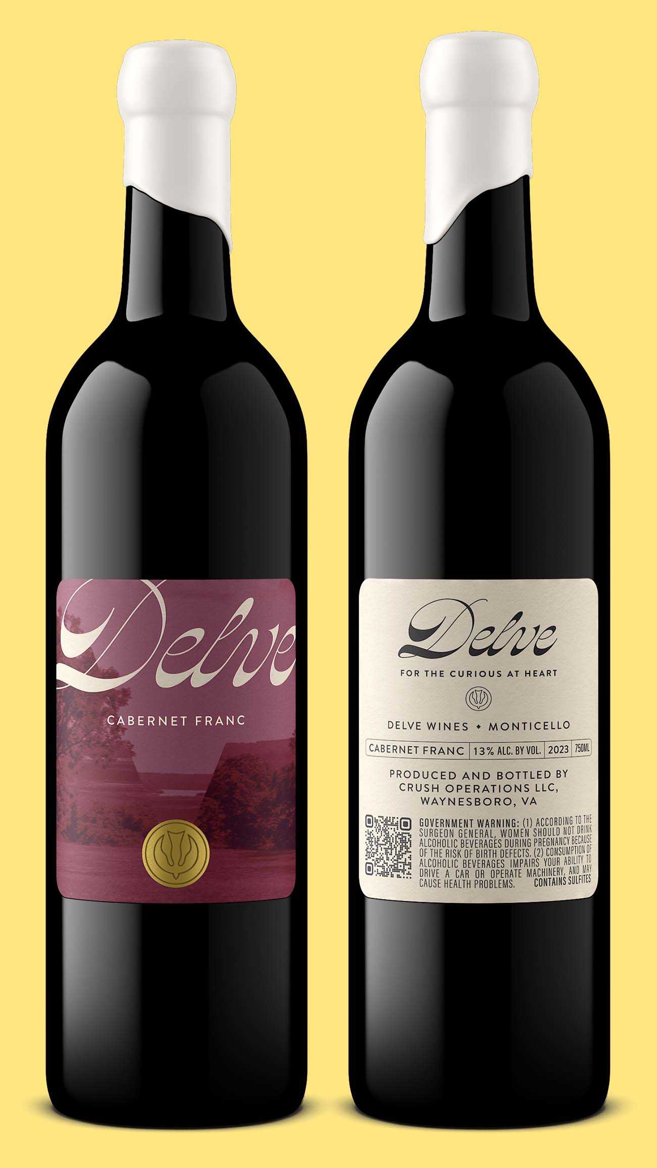 Two dark glass reserve red wine bottles with textured labels and wax-dipped necks on a pale yellow background