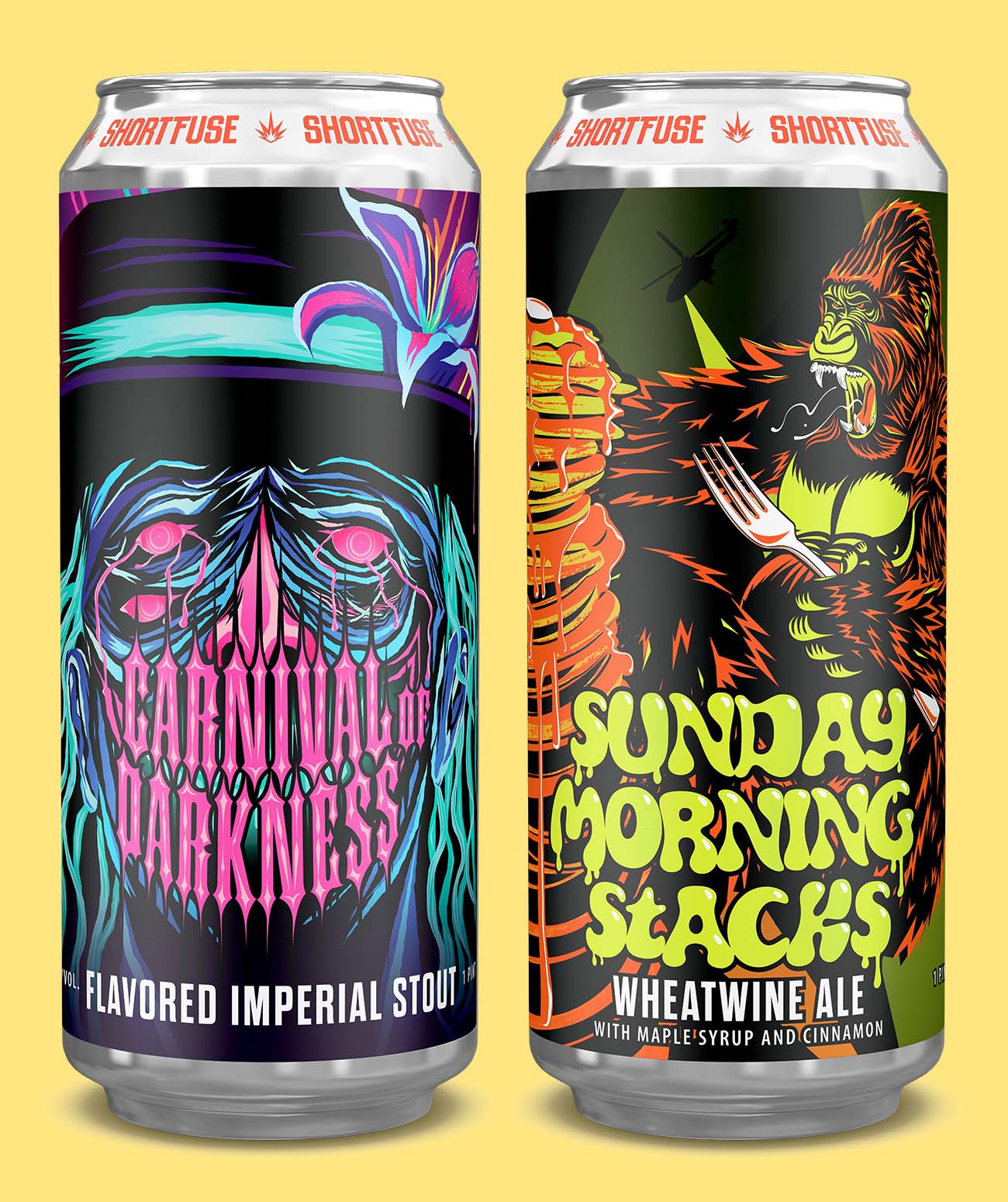 Two aluminum craft beer cans with brightly illustrated labels in pink, turquoise, and yellow tones displayed on a yellow block background