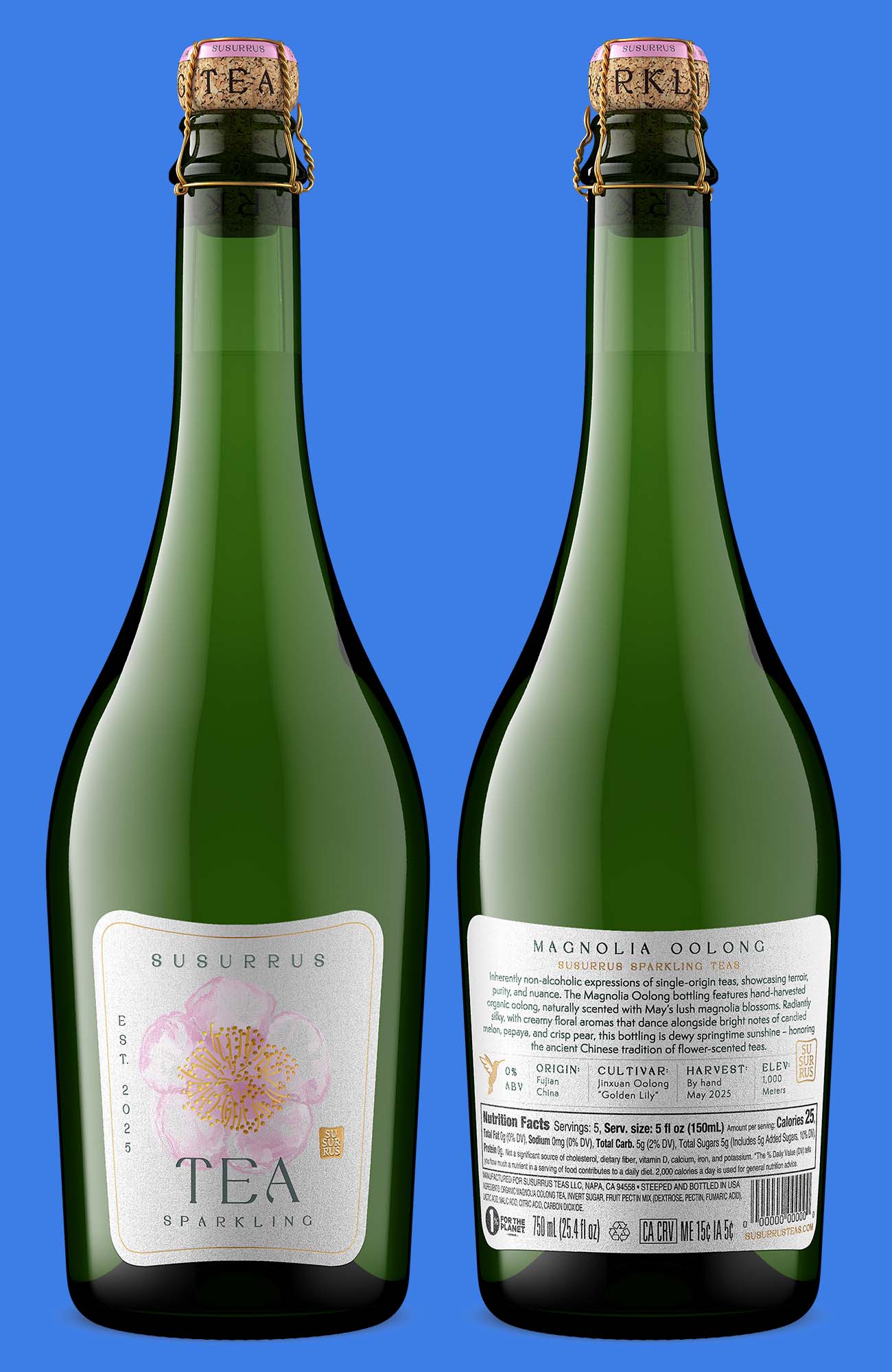 front and back of an high-end sparkling tea champagne bottle captured by Outshinery Studio entirely digitally