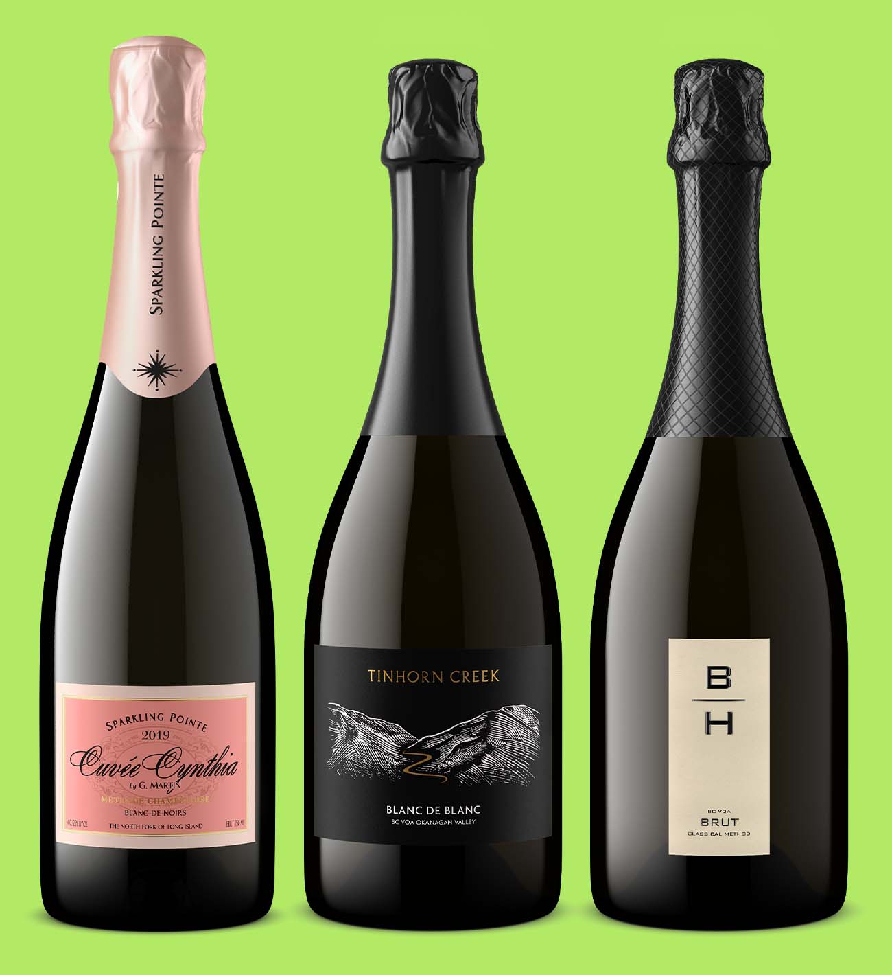 Three premium sparkling wine bottles—Cuvée Cynthia, Tinhorn Creek Blanc de Blanc, and BH Brut—displayed upright against a green background.