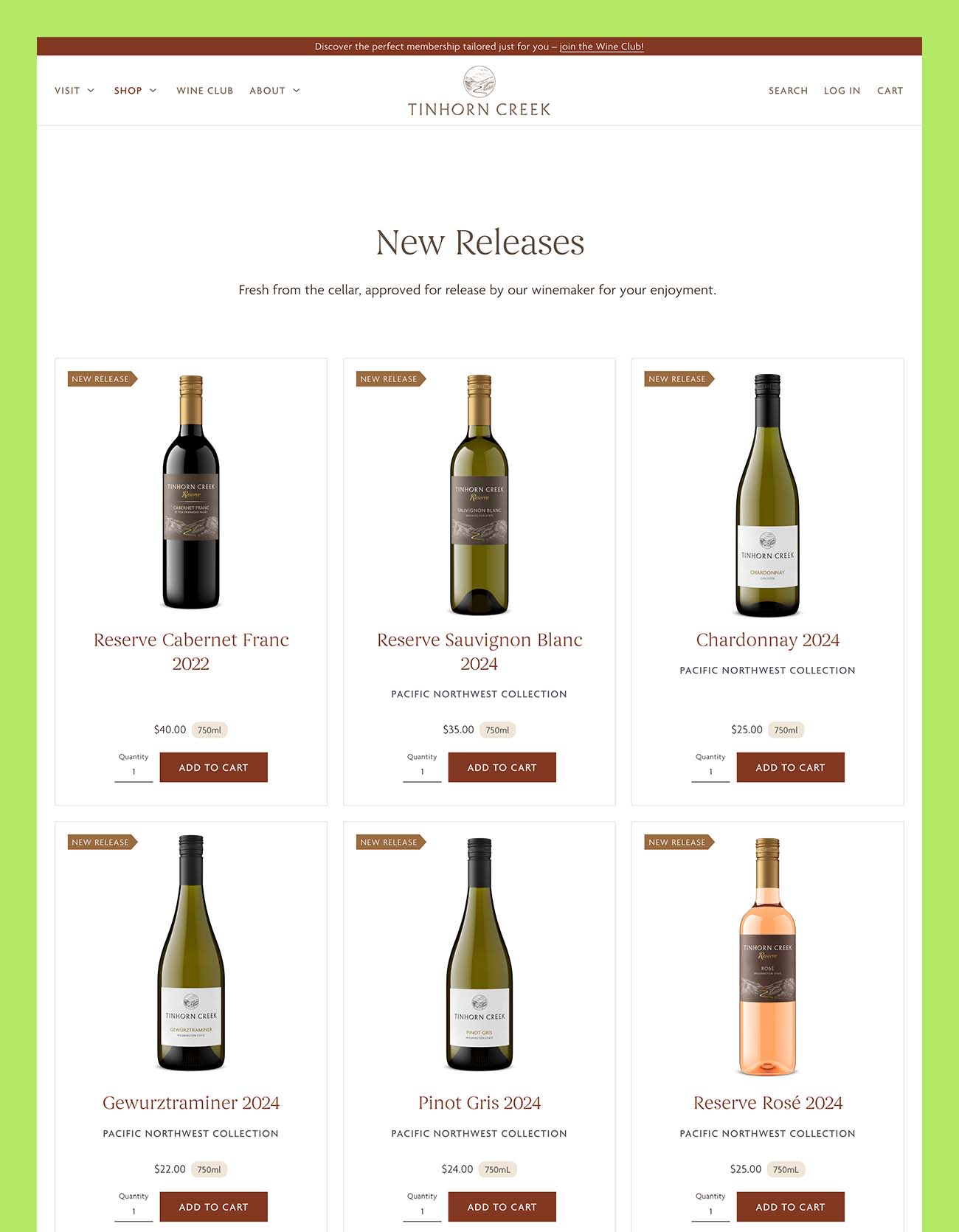 A winery e-commerce page displaying new release wines from Tinhorn Creek, including Reserve Cabernet Franc, Reserve Sauvignon Blanc, Chardonnay, Gewürztraminer, Pinot Gris, and Reserve Rosé, each shown in clean product cards.