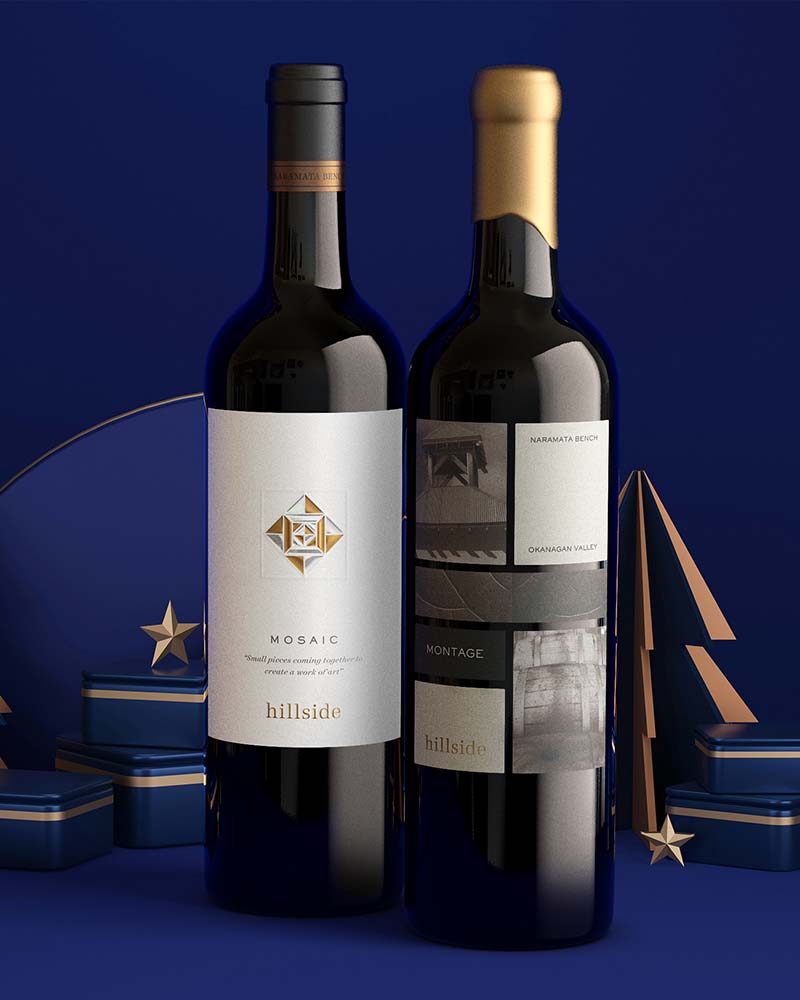 Promotional graphic featuring two wine bottles on a blue background alongside a bold pink call-to-action box encouraging users to request visuals from Outshinery.