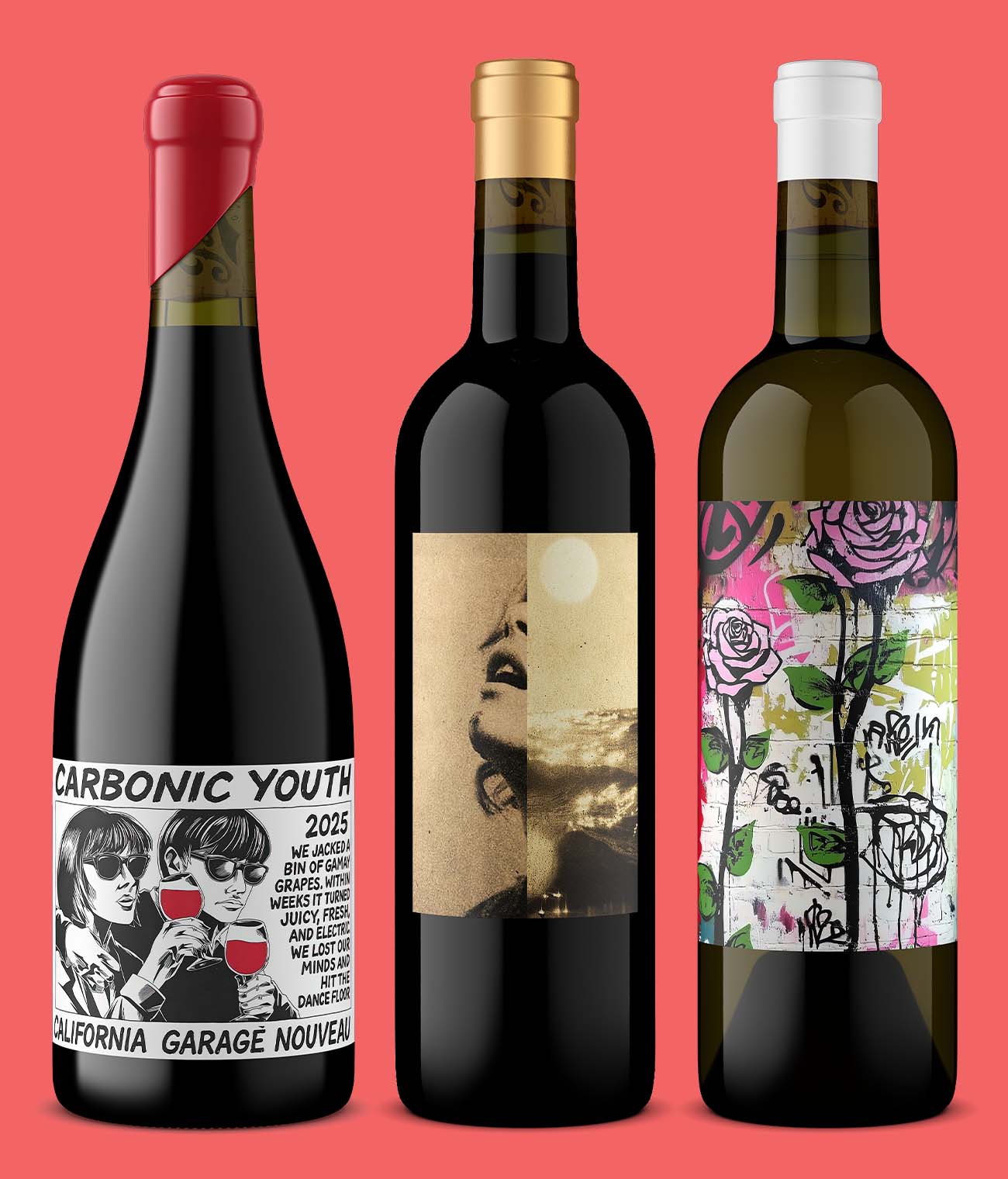 Three photorealistic wine bottle renders with distinct labels displayed on a bright pink background by Outshinery