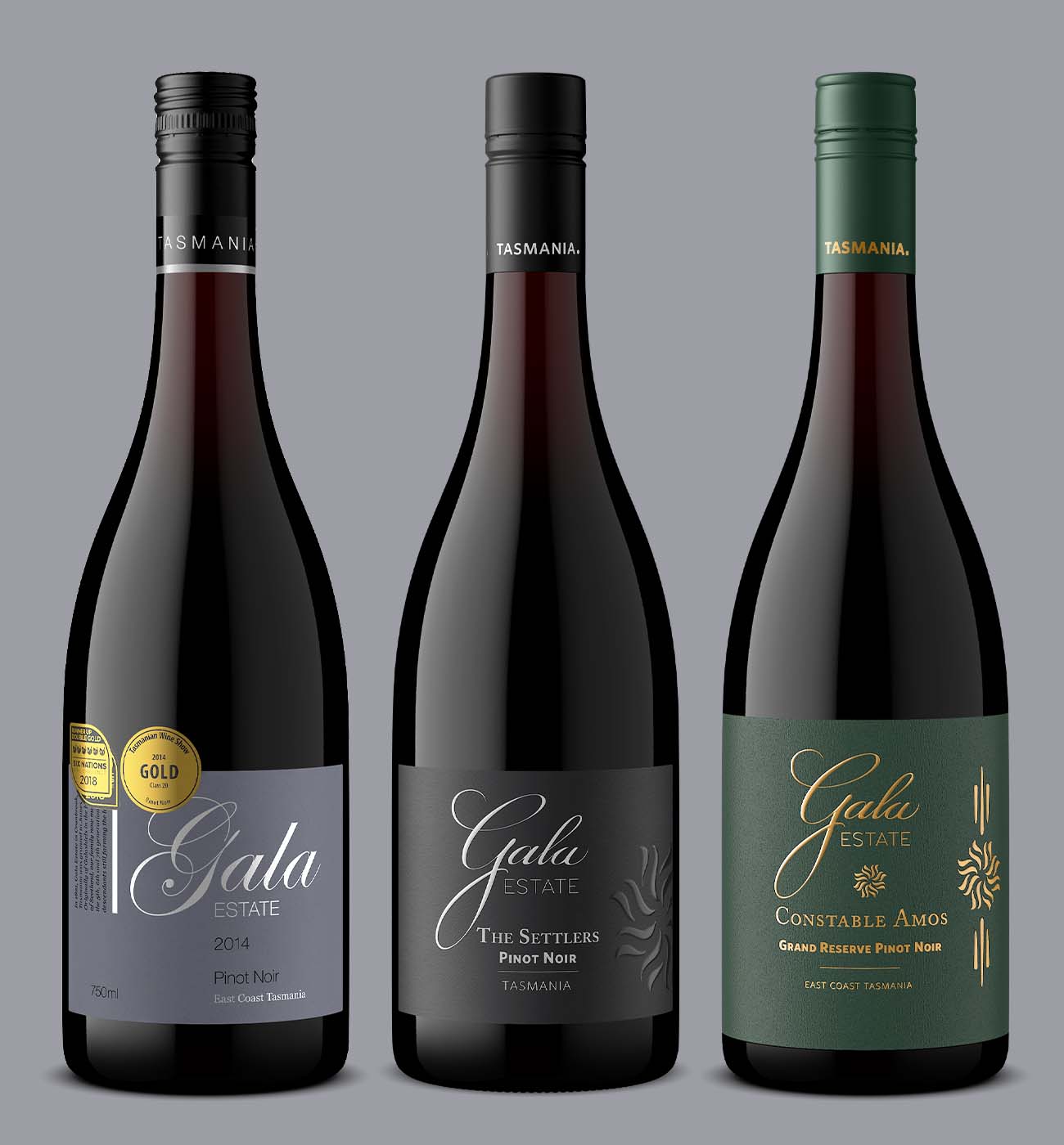 Three Australian Tasmania Pinot Noir wine bottles in a clean studio lineup, each featuring different label designs against a light grey background.