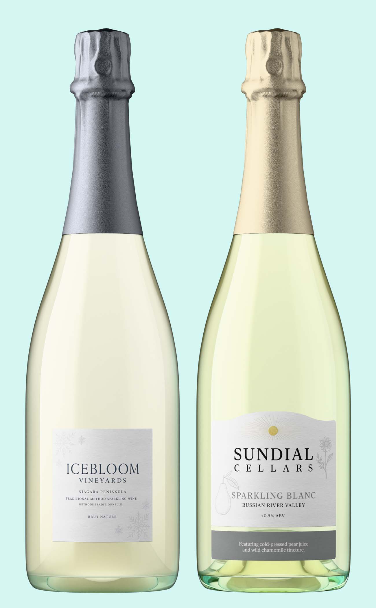 photorealistic bottle shots created by Outshinery lite of a Canadian Sparkling Brut and a Russian River Valley Sparkling Blanc