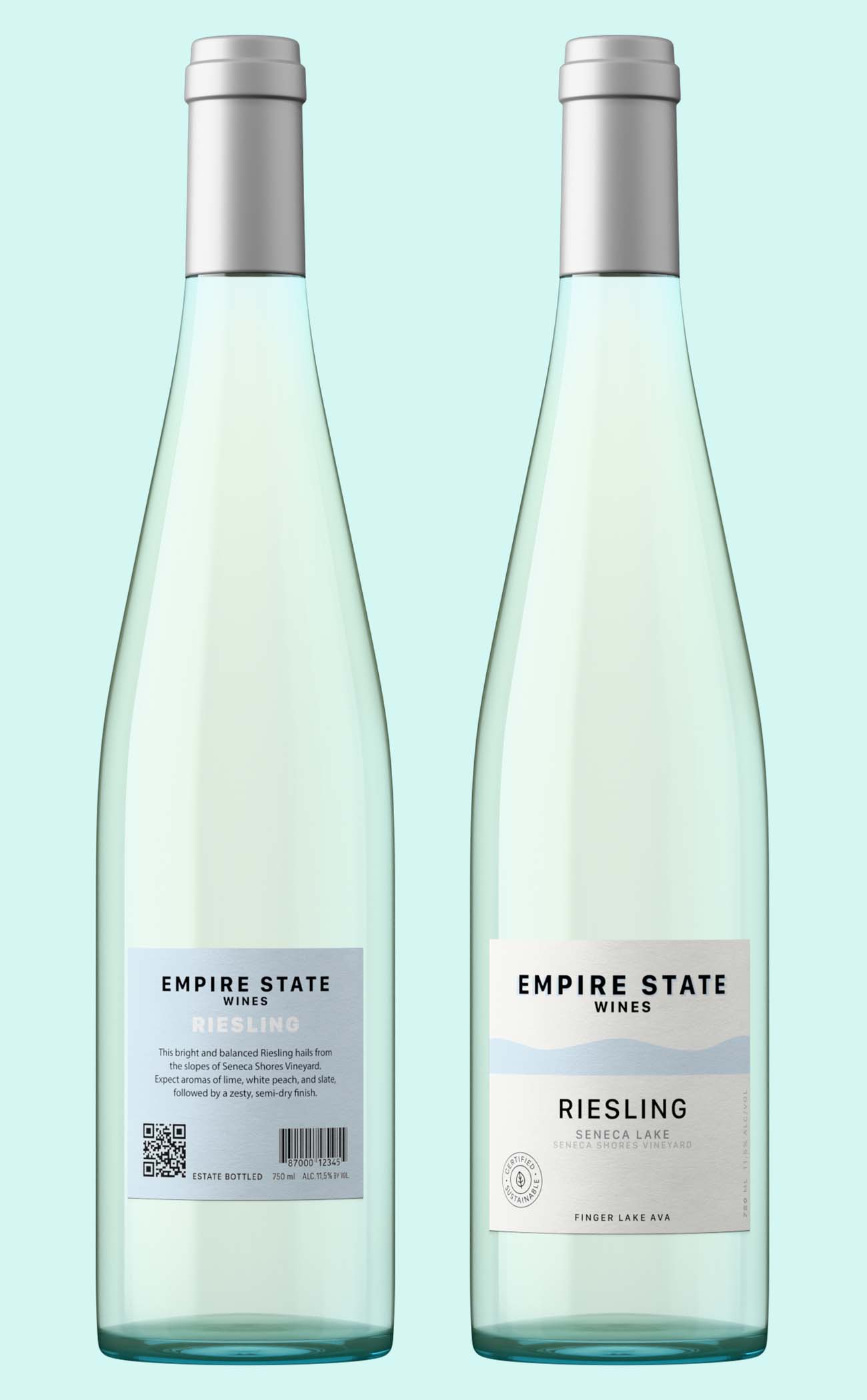 front and back bottle shots of a Riesling hock bottle from the Finger Lakes region in the States