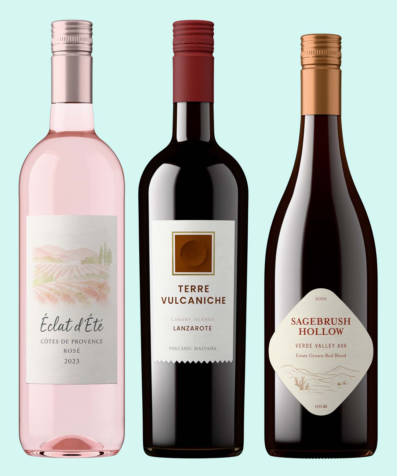 perfect bottle shots by Outshinery Lite of a Cotes de Provence Rose, Lanzarote Malavasia and Estate Grown Red Blend