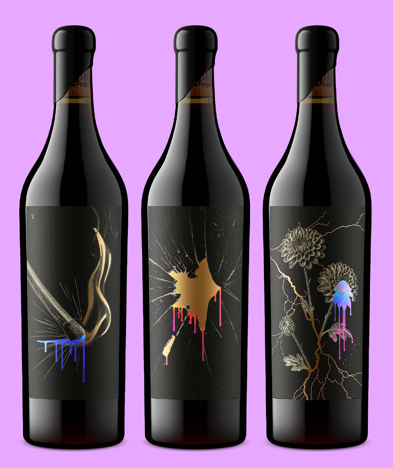 Three premium wine bottles with illustrated labels, photographed against a clean studio background to highlight artwork, foil details, and bottle shape.
