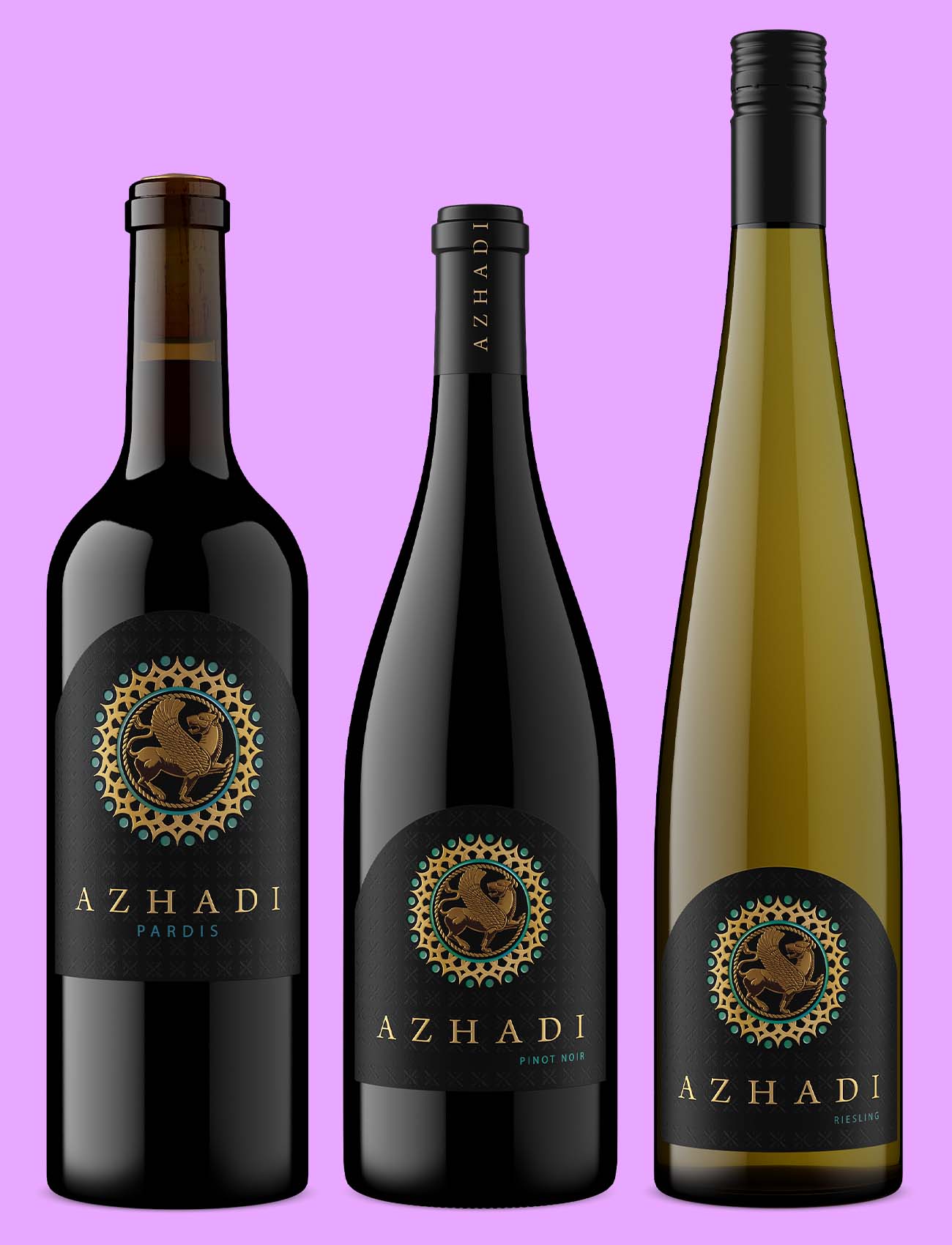 Three wine bottles with beautiful labels, photographed by Outshinery Studio to showcase bottle shapes, glass tones, and label finishes.