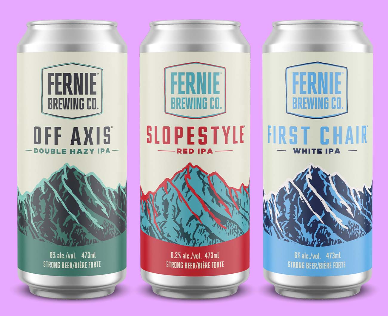Three canned beers (double hazy IPA, Red IPA and White IPA) products with pastel color palettes and bold typography, photographed for ecommerce listings and digital shelf visibility.