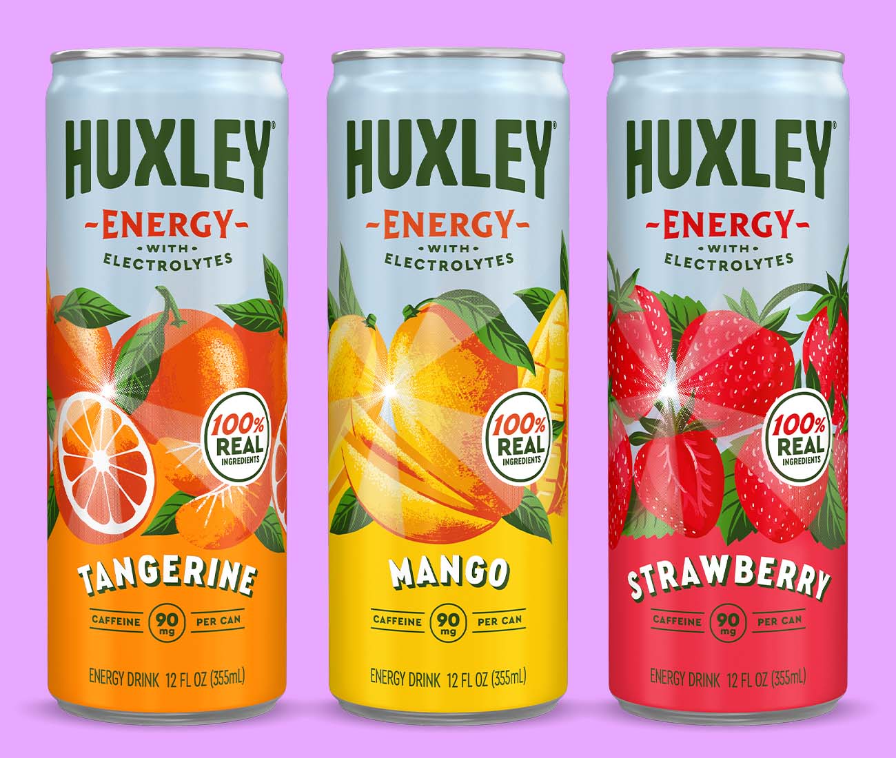 Colorful canned energy drink packaging with illustrated fruit graphics, showing three Huxley Organic flavors photographed for ecommerce and digital marketing.