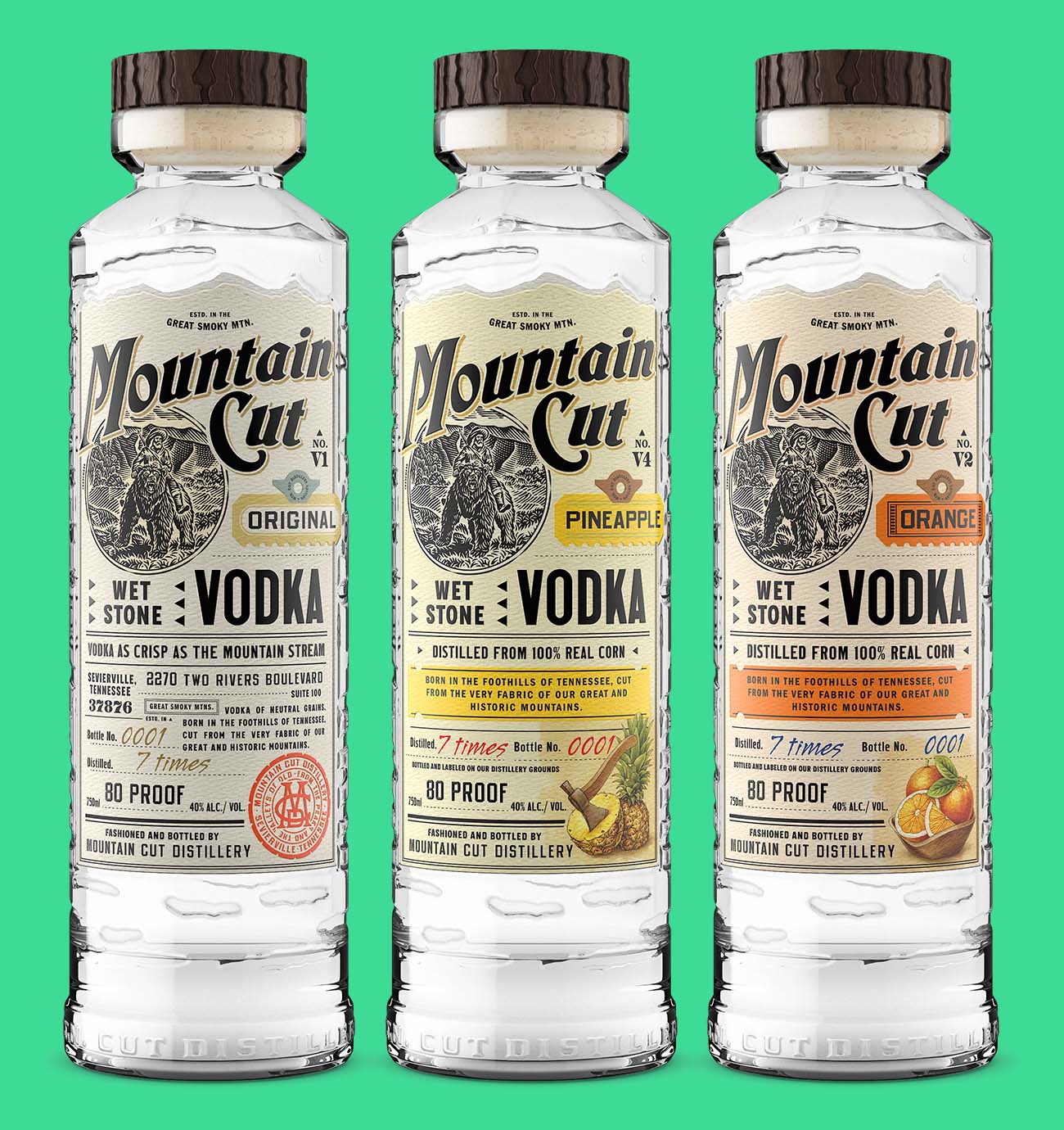Three vodka bottles with illustrated labels and bold typography, photographed for ecommerce listings and digital shelf visibility.