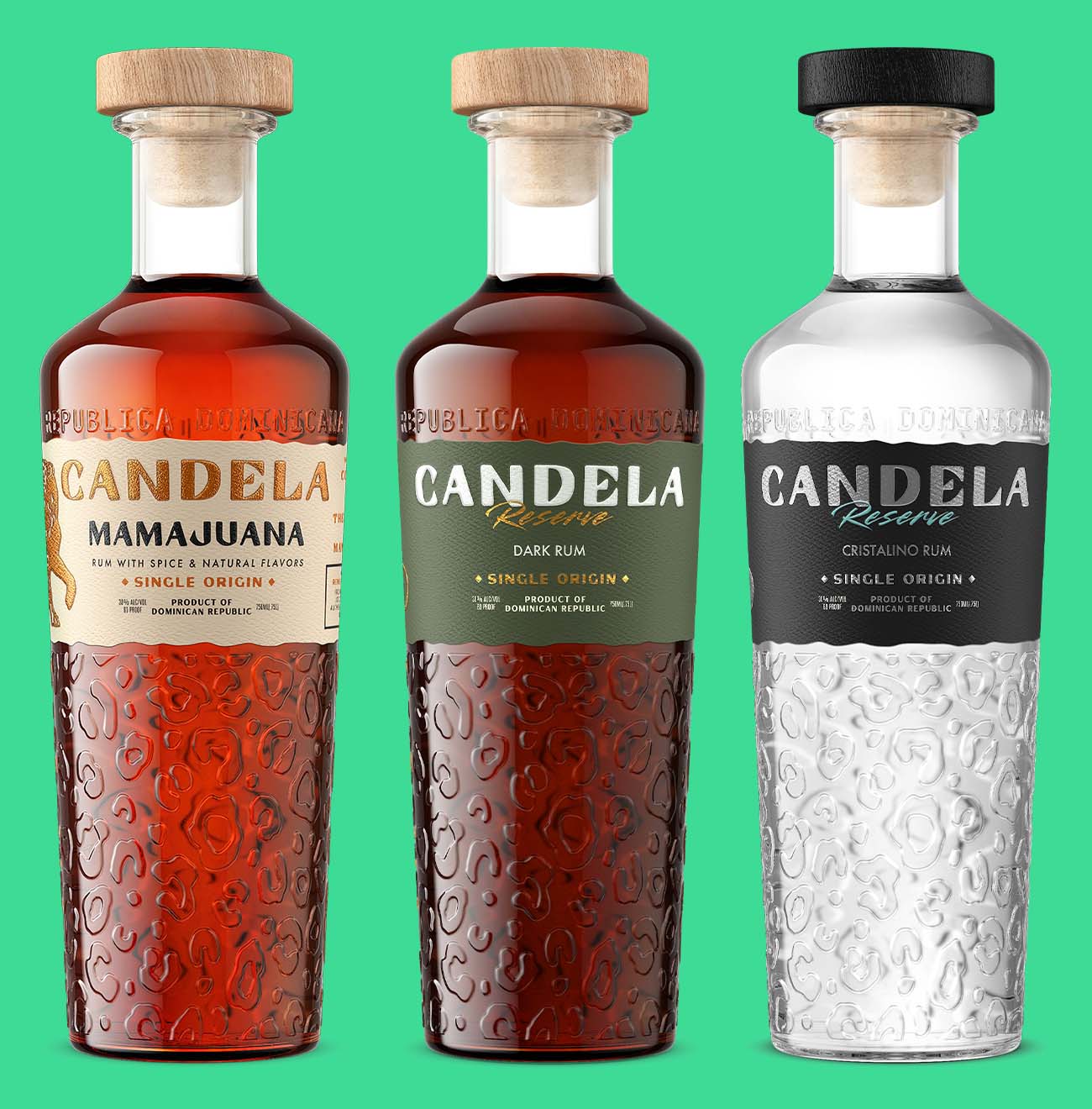 Three rum bottles with textured glass and color-coded labels, photographed to highlight material finishes and premium detailing.