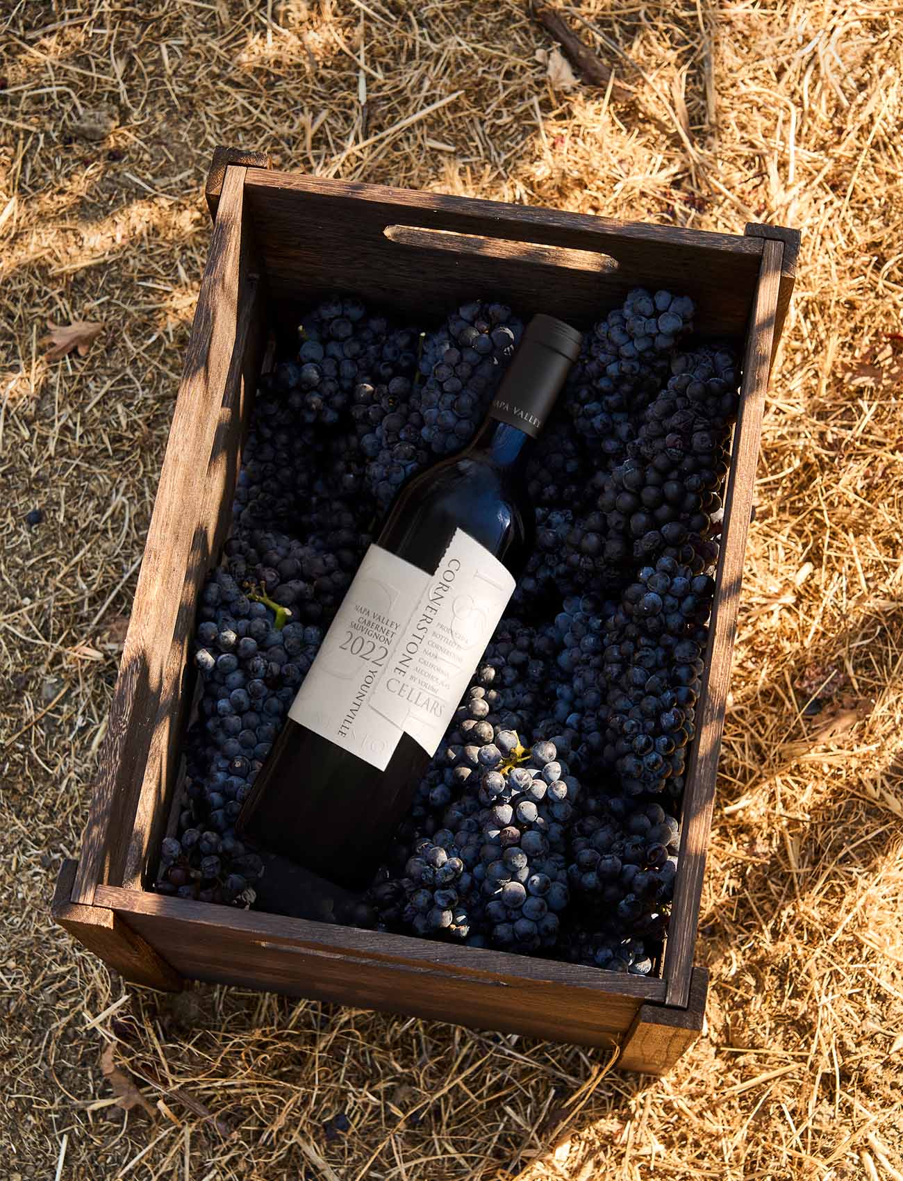 Wine bottle photographed in a vineyard crate, representing traditional beverage photography challenges and constraints