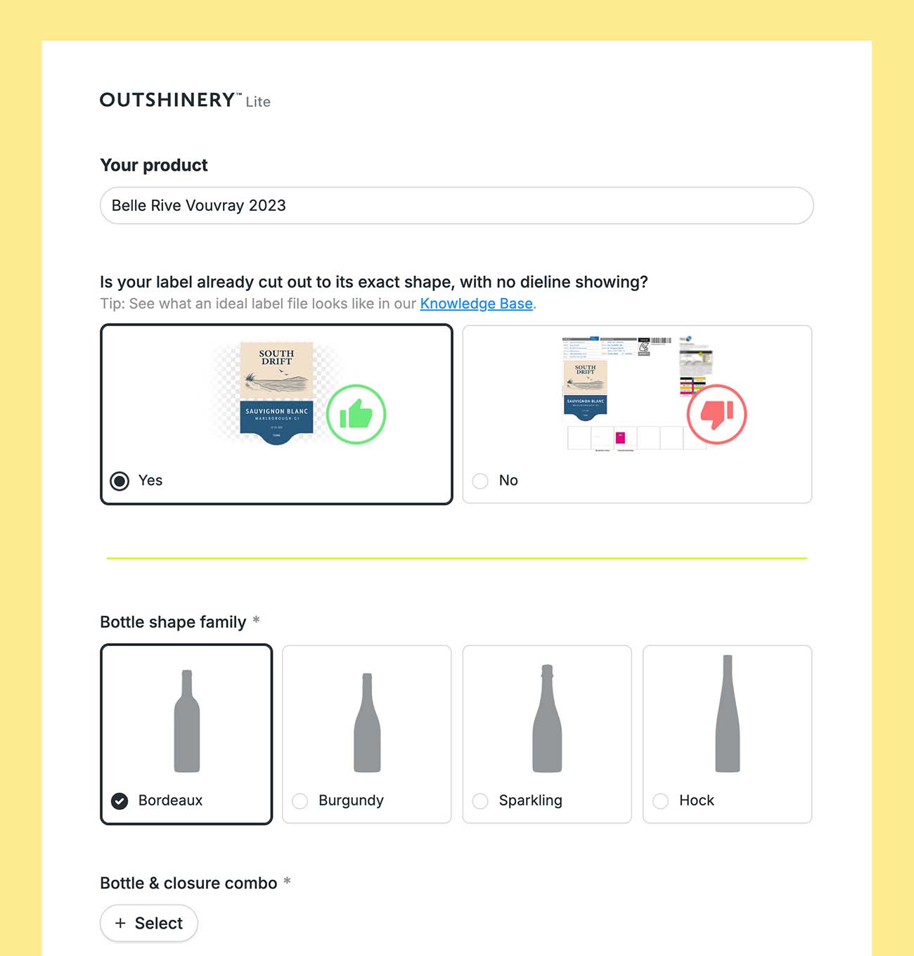 Outshinery Lite interface showing digital bottle twin configuration for wine product photography without a physical photoshoot