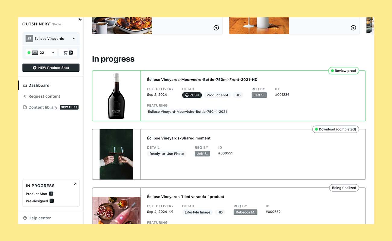 Outshinery Studio dashboard displaying centralized digital twin management for beverage brand visual assets