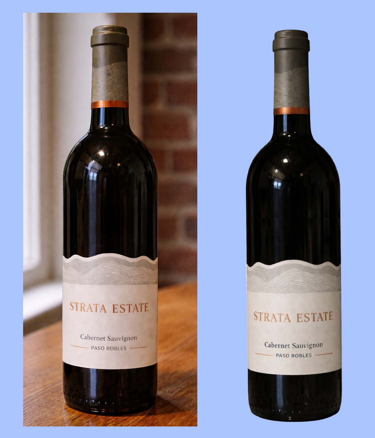 Two wine bottles photographed separately showing variations in lighting, reflections, and label alignment
