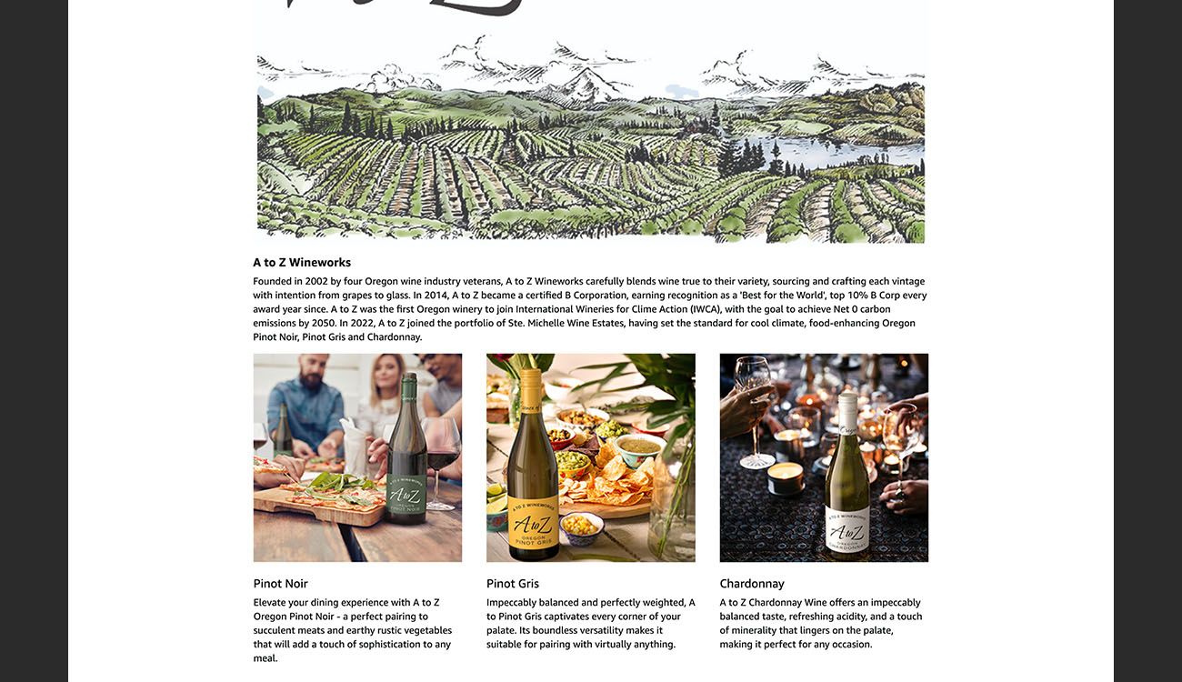 Amazon wine listing enhanced with multiple lifestyle and attribute images generated from a 3D bottle render.