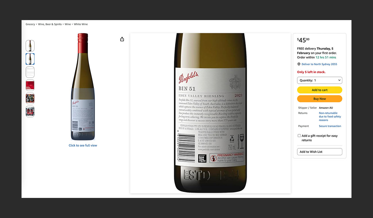 Penfolds Bin 51 Riesling Amazon listing with back label