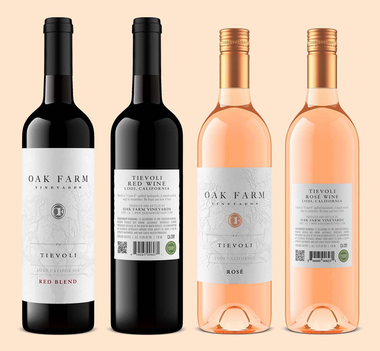 Wine bottle lineup including rosé and red wines rendered in photorealistic 3D with accurate glass and liquid tones