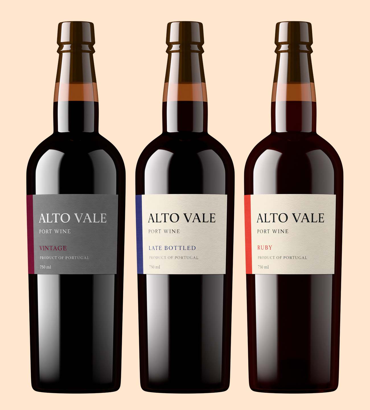 Premium Porto wine bottle renders with detailed label textures and realistic glass shading on neutral background