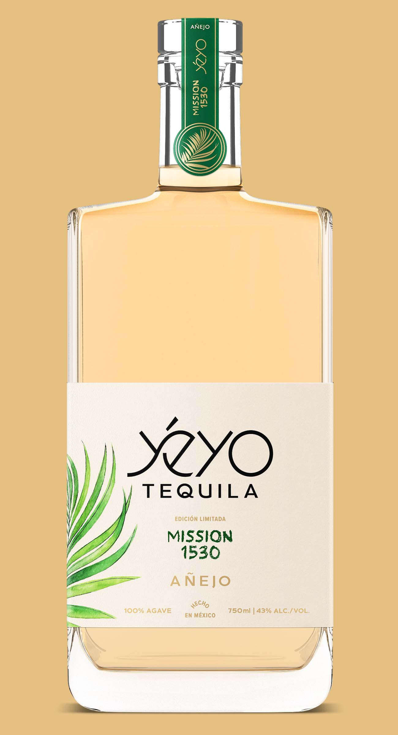 Premium tequila bottle with rectangular glass shape and green agave label design isolated on neutral background