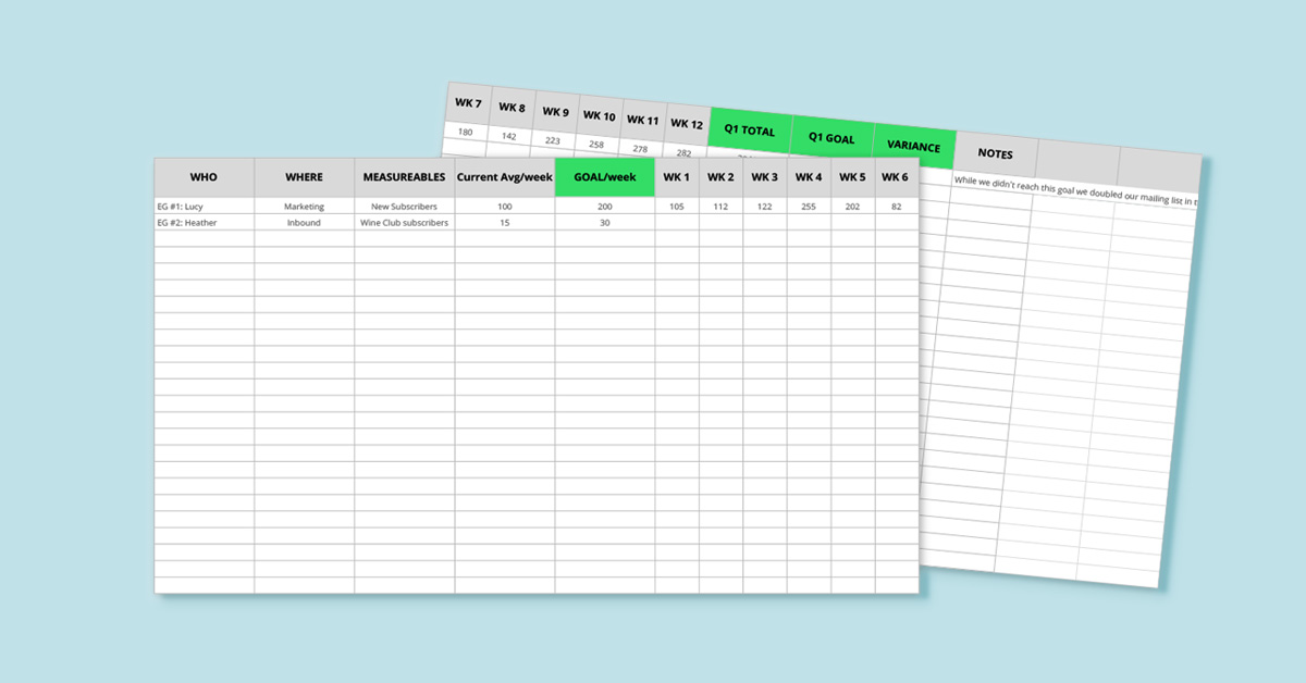 Two Excel spreadsheet templates for tracking winery SMART goals with progress columns and milestone dates