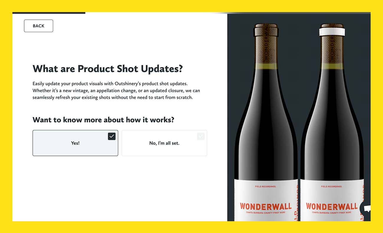 Outshinery Studio calculator screen explaining product shot update options, including complimentary changes for liquid color, vintages, and alcohol percentages