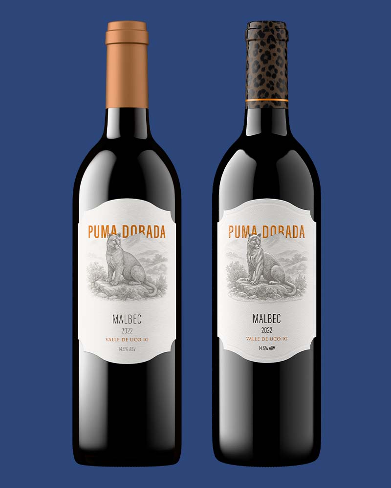 Puma Dorada Malbec 2022 wine bottle shots with two different capsule designs, showing how one product image can be updated without reshooting