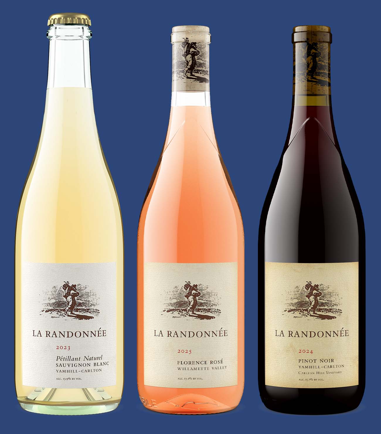 La Randonnée wine portfolio with three bottle shots showing Sauvignon Blanc, Florence Rosé, and Pinot Noir in consistent product photography style