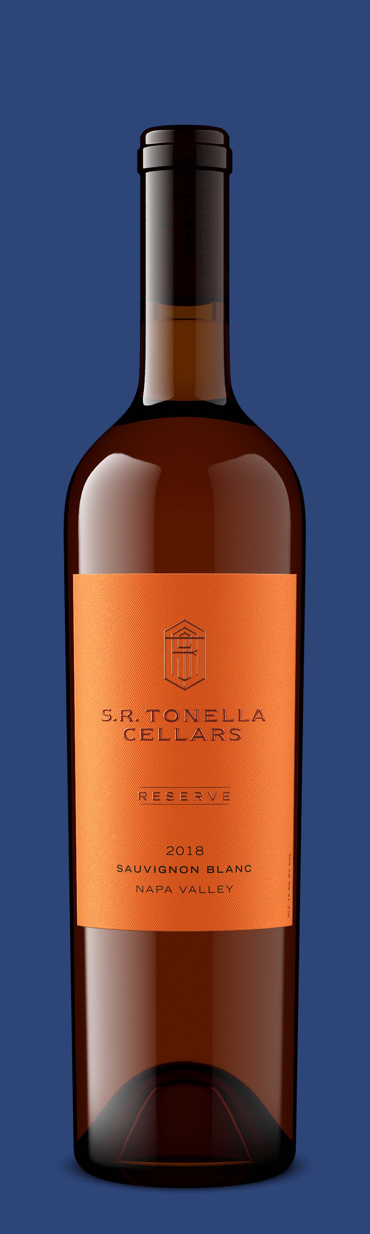 S.R. Tonella Cellars Reserve Sauvignon Blanc 2018 product shot by Outshinery Studio showing fine label detail and capsule at 300 DPI