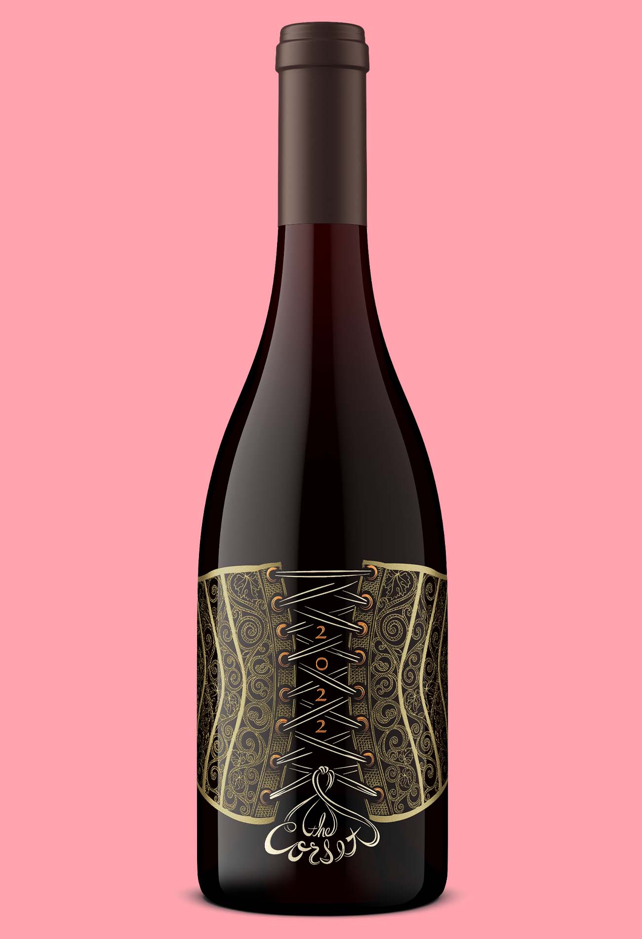 Burgundy bottle with a silkscreened ACL design featuring a corset illustration