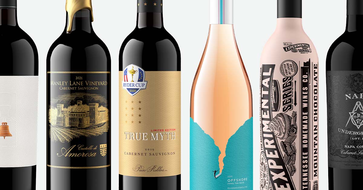 Lineup of wine labels with different printing finishes for wine product photography