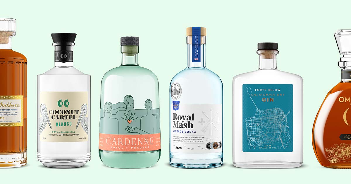 Assorted bottles of distilled spirits including whiskey, gin, vodka, and tequila