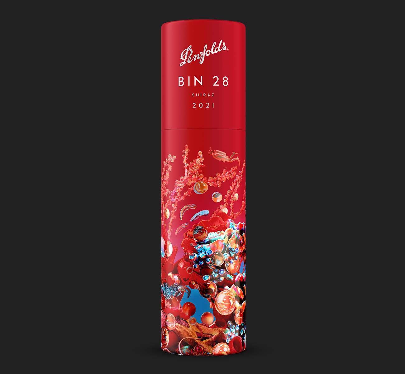 Single red canister tube for premium wine bottle gift packaging, a sleek alternative to traditional wine boxes