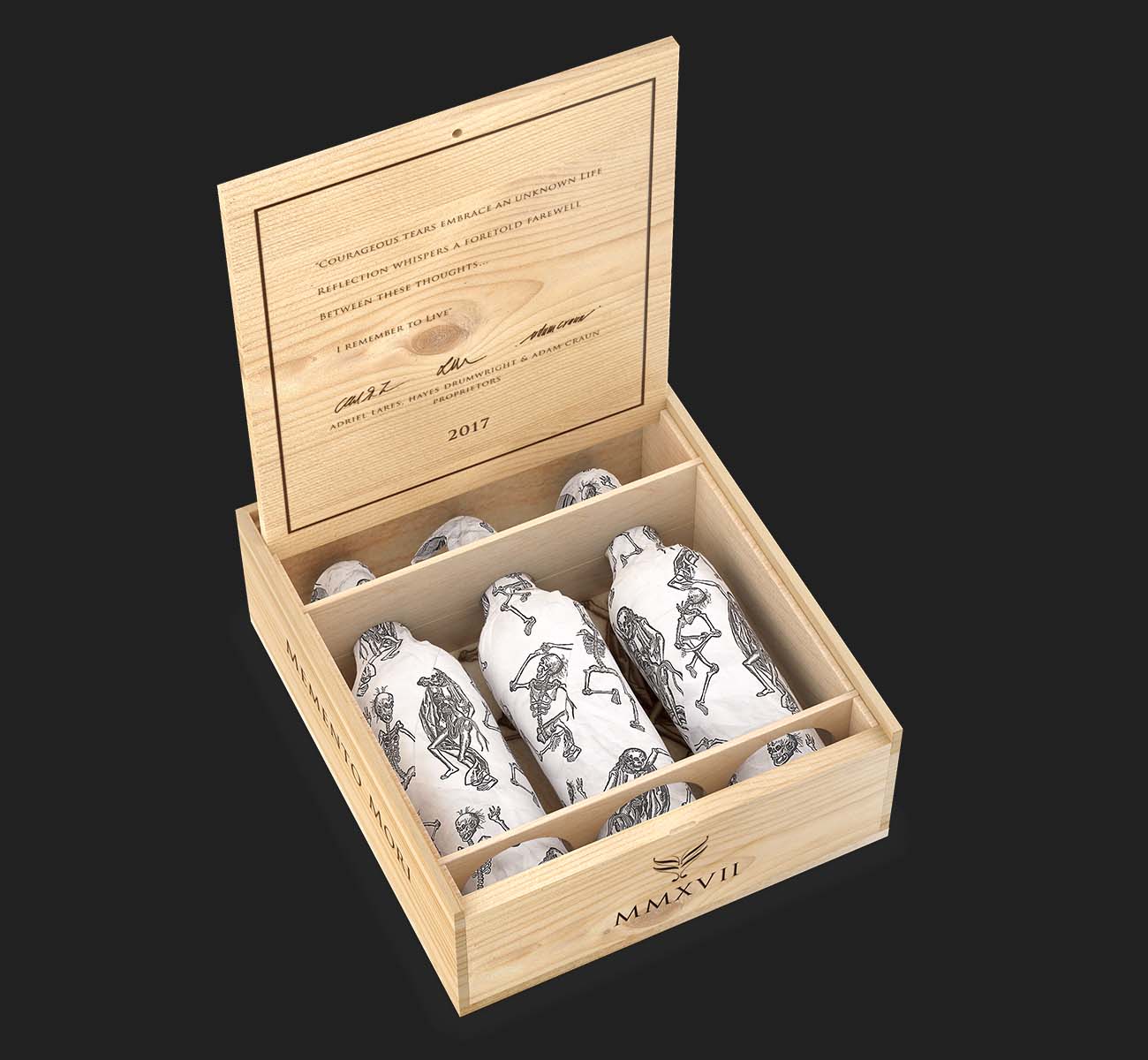 Open wooden wine box holding 6 wine bottles wrapped in silk paper