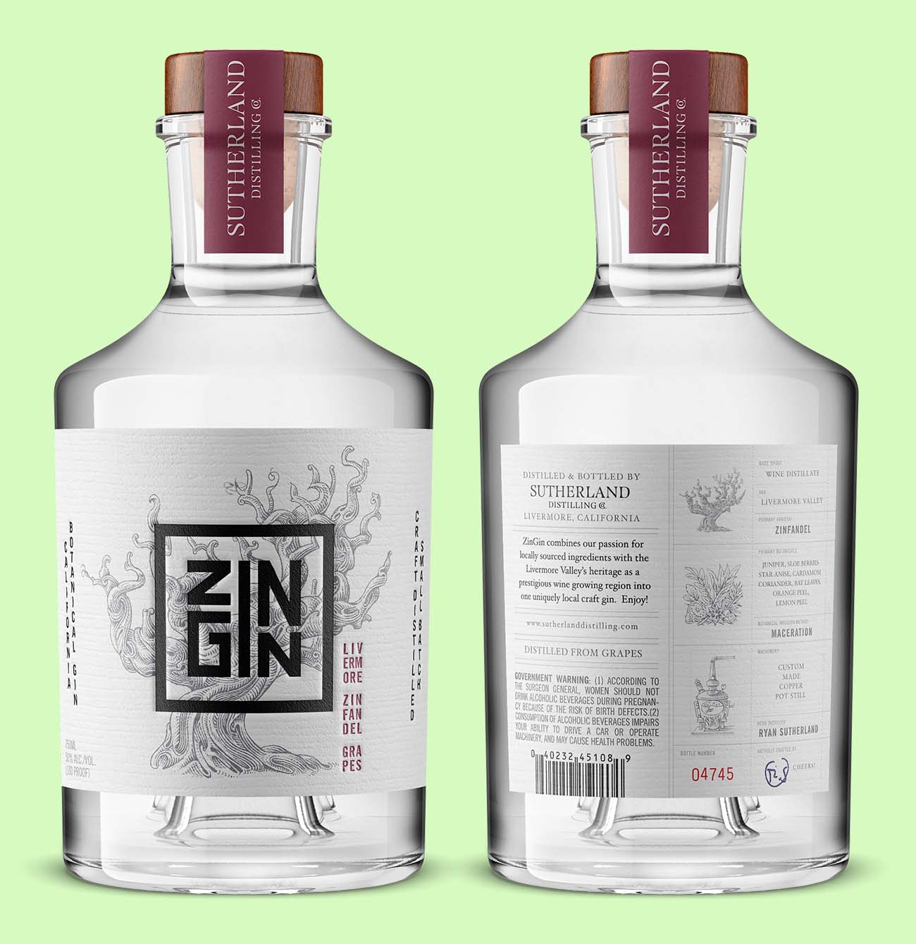 high end California gin (front and back) that display a lot of product info on its label so that the consumer is well-informed