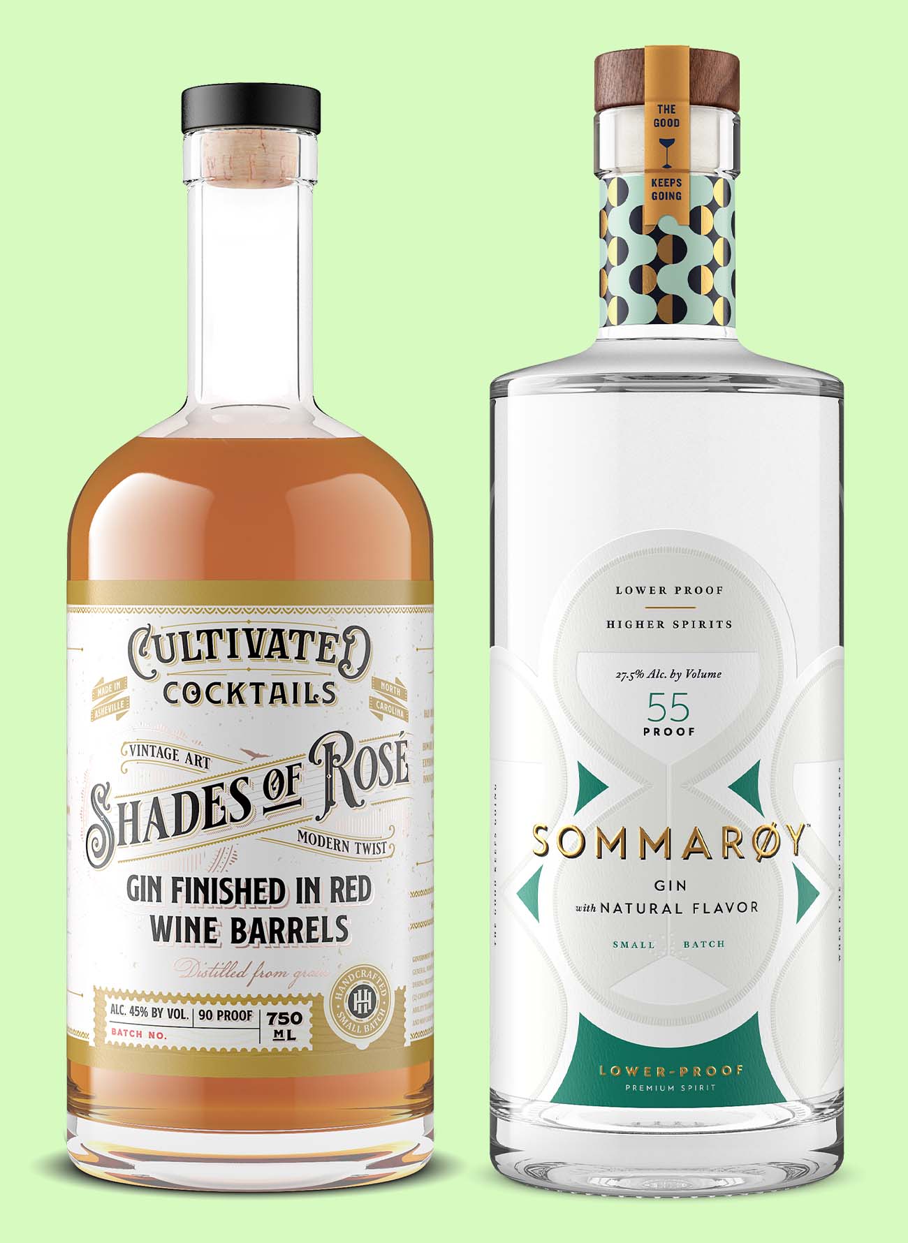 gin bottle aged in red wine barrels next to a lower alcohol gin to cater to adventurous drinkers