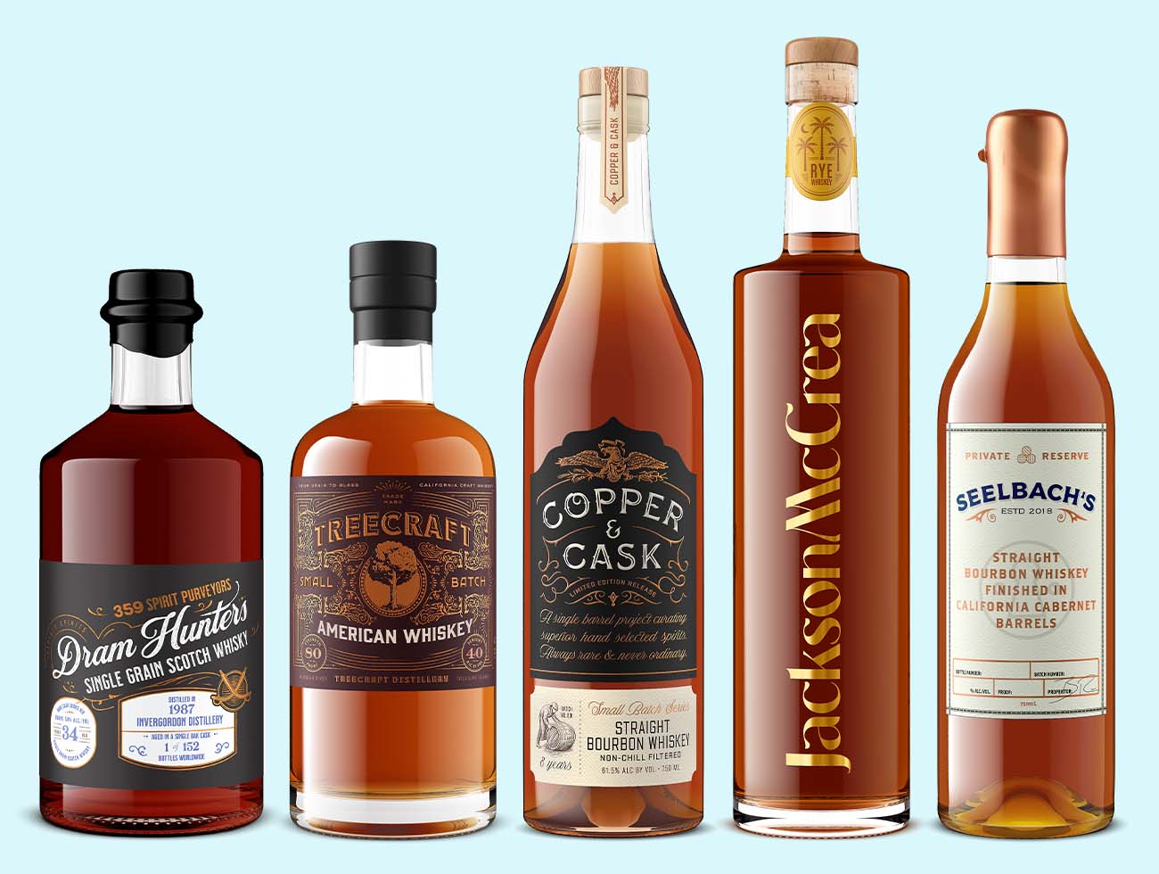 Scotch whisky, American whiskey, South African Straight Bourbon Whiskey, Rye Whisky bottles