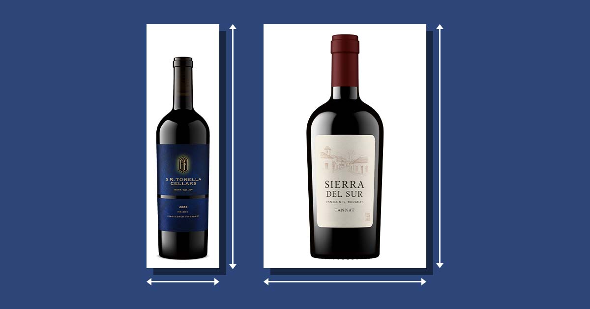 S.R. Tonella Cellars Malbec and Sierra Del Sur Tannat wine bottle shots shown with dimension markers comparing image sizes for ecommerce