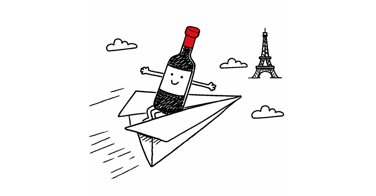 Illustration of a wine bottle on a paper plane flying over Paris representing global wine trade trends at Wine Paris Vinexposium