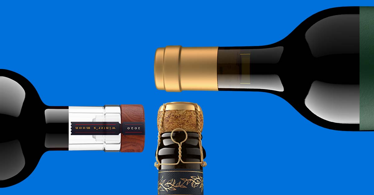 closeup of 3 different wine closures created in 3D software by Outshinery (muselet with cage, half tin cap and wooden T-stopper)