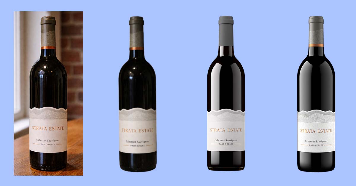 Comparison of a smartphone wine bottle photo alongside digitally rendered bottle images showing consistent lighting and proportions by Outshinery