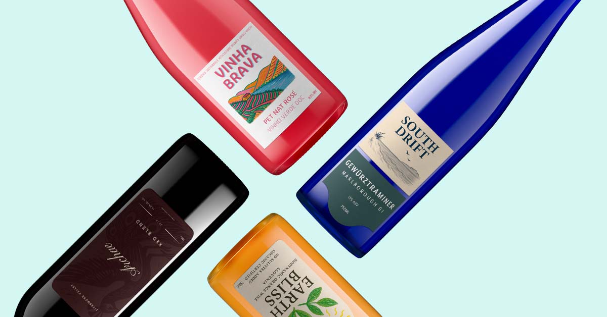 bottle shot closeup of a petnat rose, gewurztraminer, orange wine and red blend