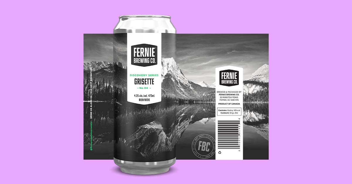 Product shot showing beer label design, back label information, on an aluminum can.