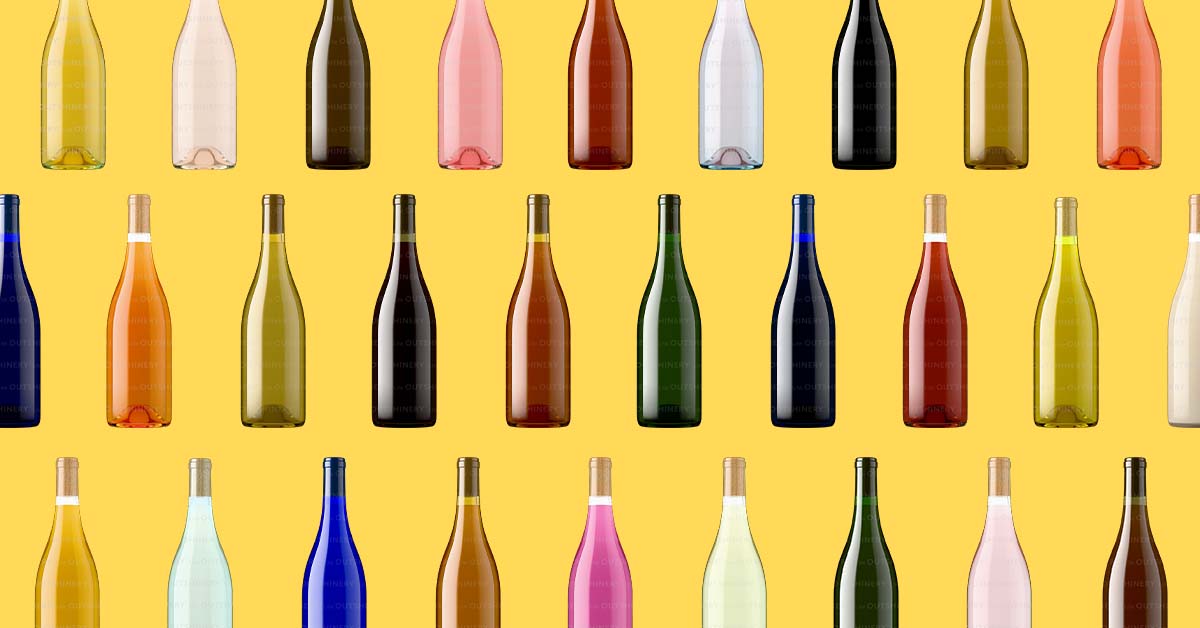 Multiple wine bottle silhouettes—red, white, rosé, and sparkling—arranged in a colorful grid against a yellow background, visually introducing Outshinery Lite's fast, professional wine bottle photography alternative.