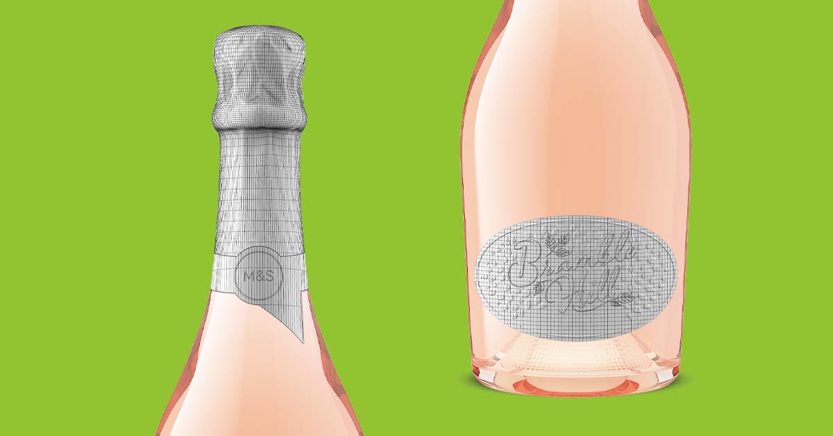 Photorealistic 3D bottle renders of rosé sparkling wines created by Outshinery, showcasing premium label design and clear glass detail.