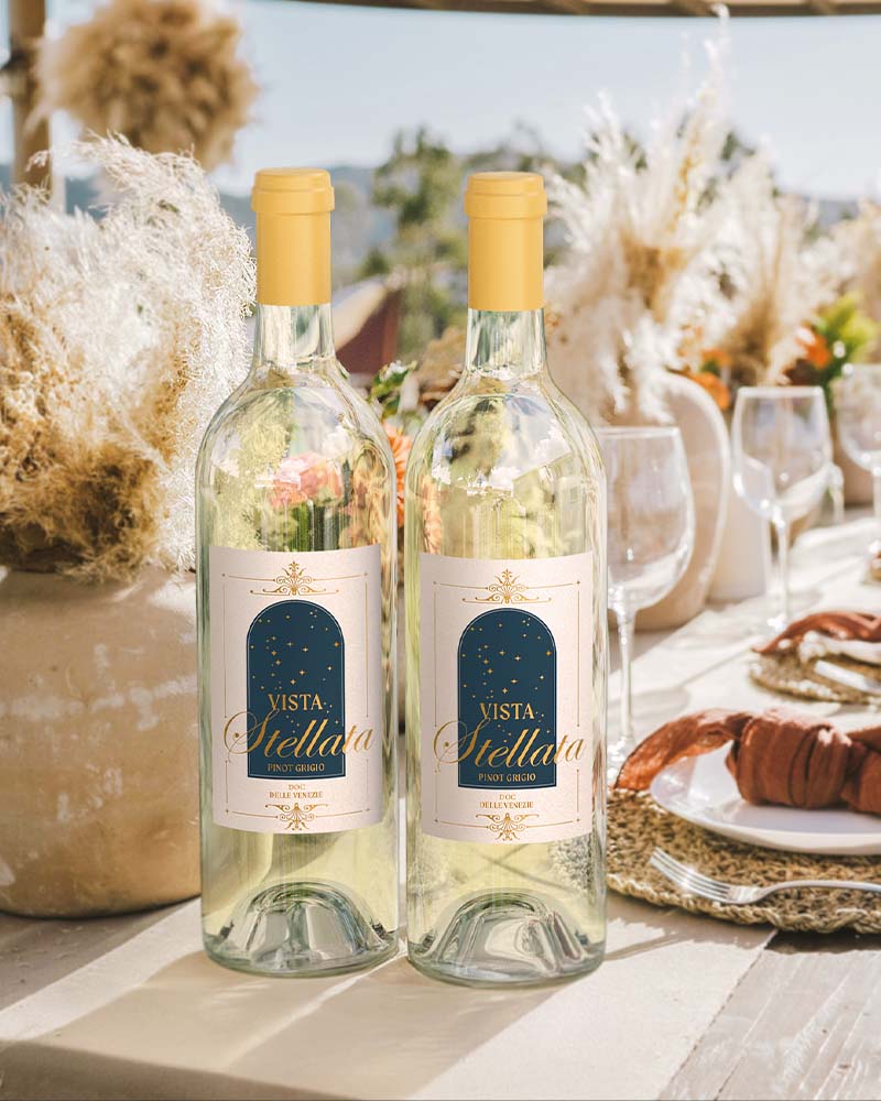 Winery marketing visuals showing a 2 bottles of white wine on an outdoor table by sunny weather – Outshinery lead capture asset for wine brands